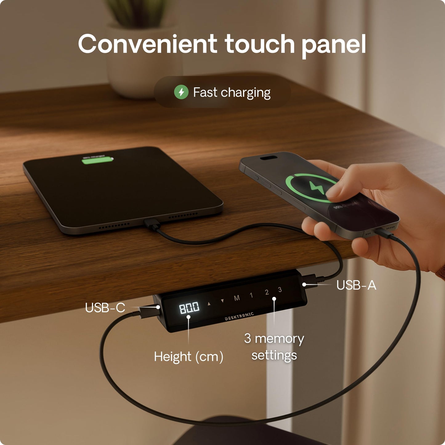Height-Adjustable Desk 180 x 80cm - Standing Desk - Integrated USB/USB-C - 3 Memory Presets - Dual Motor Electric Touchscreen Stand Up Table - Great Gift for Smart Home Solutions