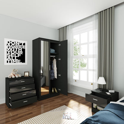 ELEGANT 3 Pieces Bedroom Furniture Sets High Gloss Soft Close Wardrobe with Mirror + 4 Storage Drawer Chest of Drawers Bedside Cabinet, Black and Set