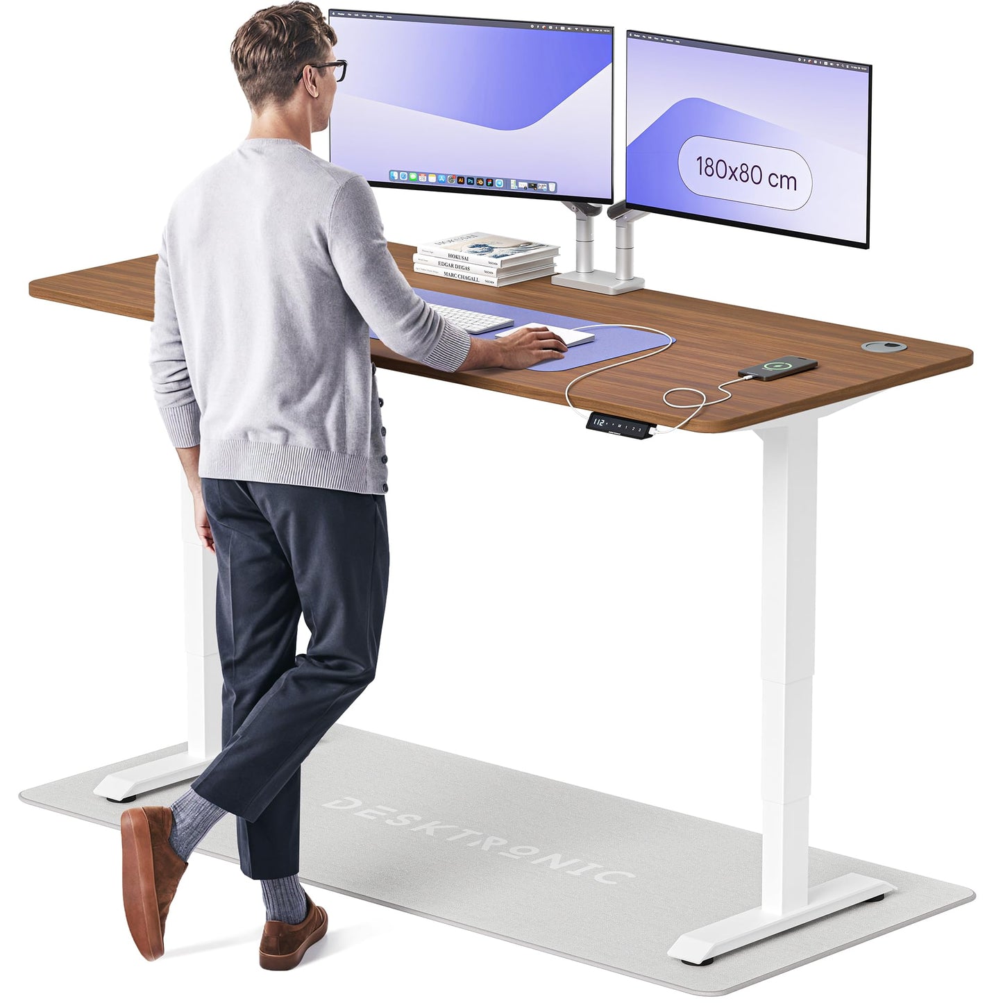 Height-Adjustable Desk 180 x 80cm - Standing Desk - Integrated USB/USB-C - 3 Memory Presets - Dual Motor Electric Touchscreen Stand Up Table - Great Gift for Smart Home Solutions