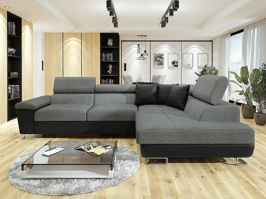 Ashbourne Sofa Bed with Storage | Corner Sofa | Double Sofa Bed | Grey or Grey & Black Fabric | Warranty Included (Left Hand Facing, Grey)