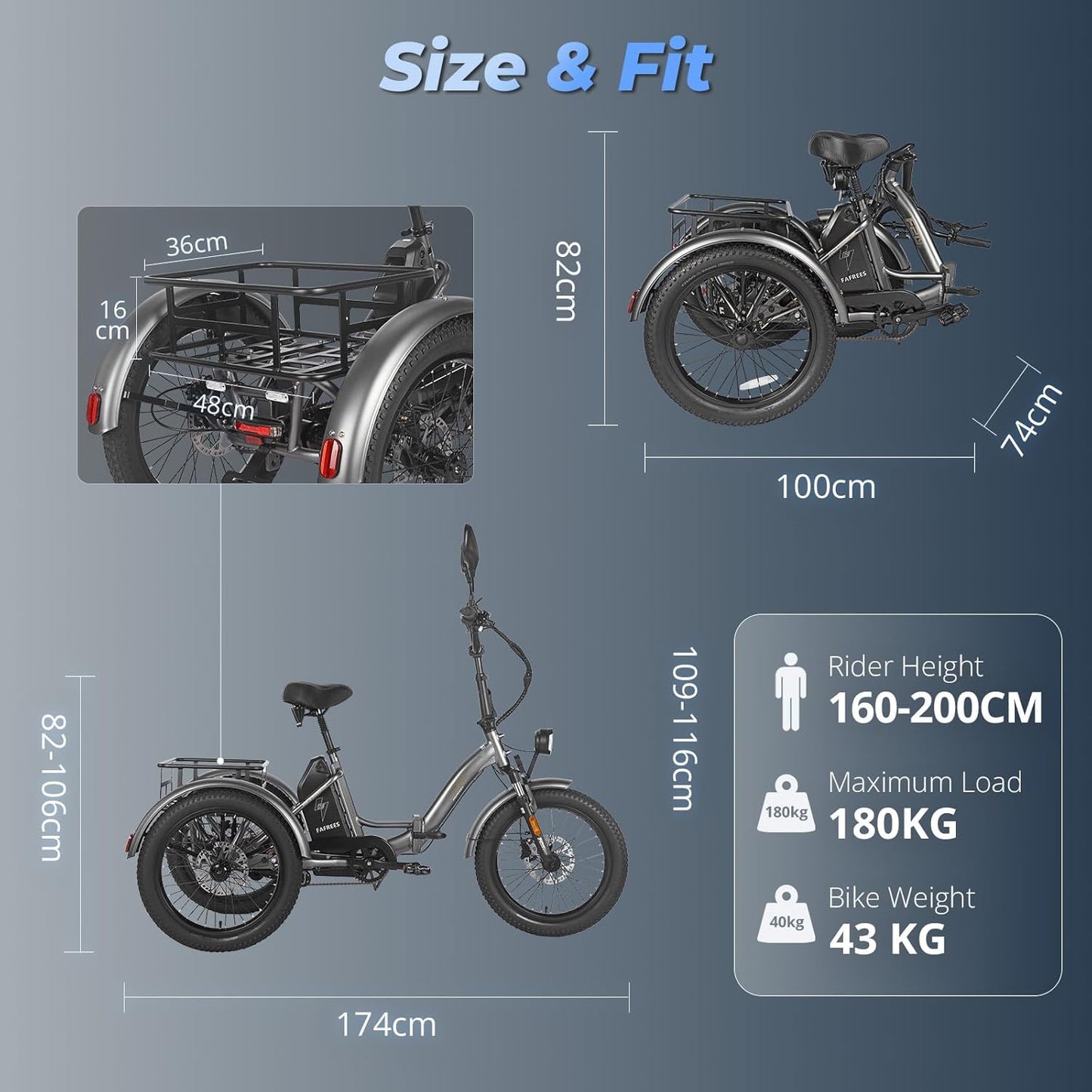 Fafrees F20 Mate Electric Tricycle Bike, 20 * 3.0 Inch Fat Tire E-Trike All Terrain, 48V/21Ah Removable Battery, Power Assist 115 KM, Folding Electric Cargo Tricycle for Senior Adult, Grey