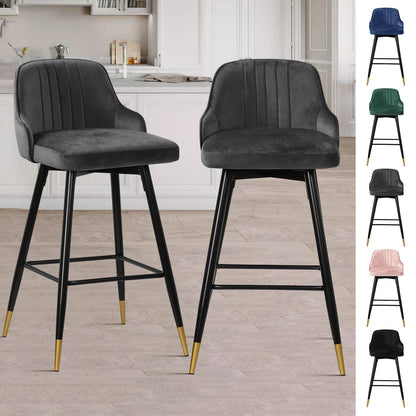 Bekrvio Upgraded Velvet Bar Stools Set of 2 – 360° Swivel Bar Chairs with Back & Footrest, Modern Kitchen Island Breakfast Stools, Support 150kg – New Version, Black