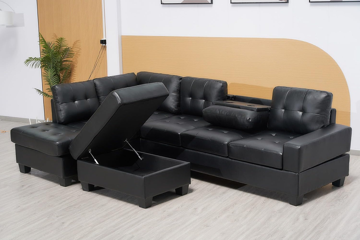 Western Grey Fabric Corner Sofa suite With Drop Down Cup Holder And Ottoman for livingrooms -Cheap sofas & couches-3020 (Grey Fabric, Right Hand Side)