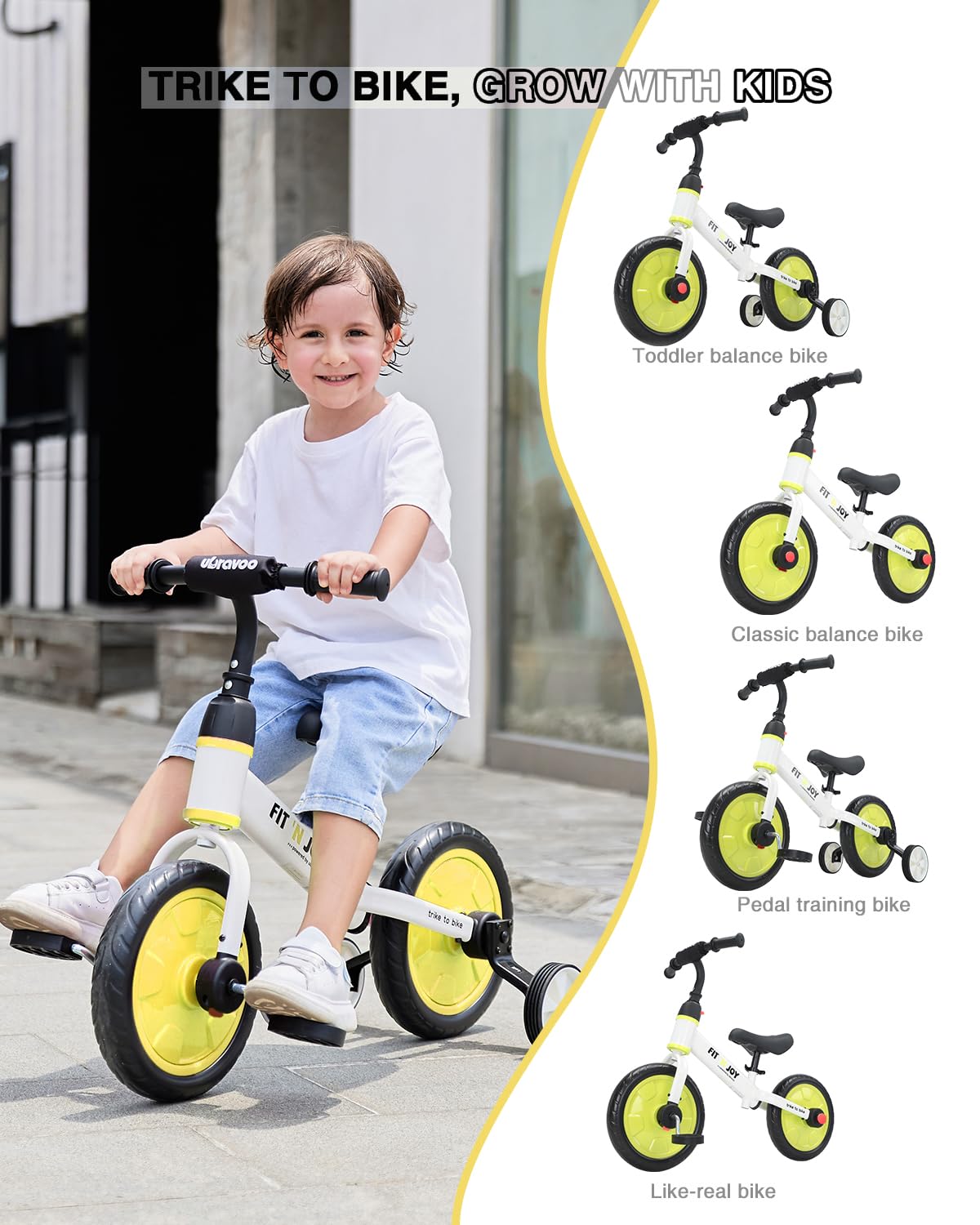 UBRAVOO Fit 'n Joy Beginner Toddler Training Bicycle, 4-in-1 Kids Balance Bike with Pedals & Training Wheels Options, Trike to Bike Riding Toys for Boys Girls 2-5
