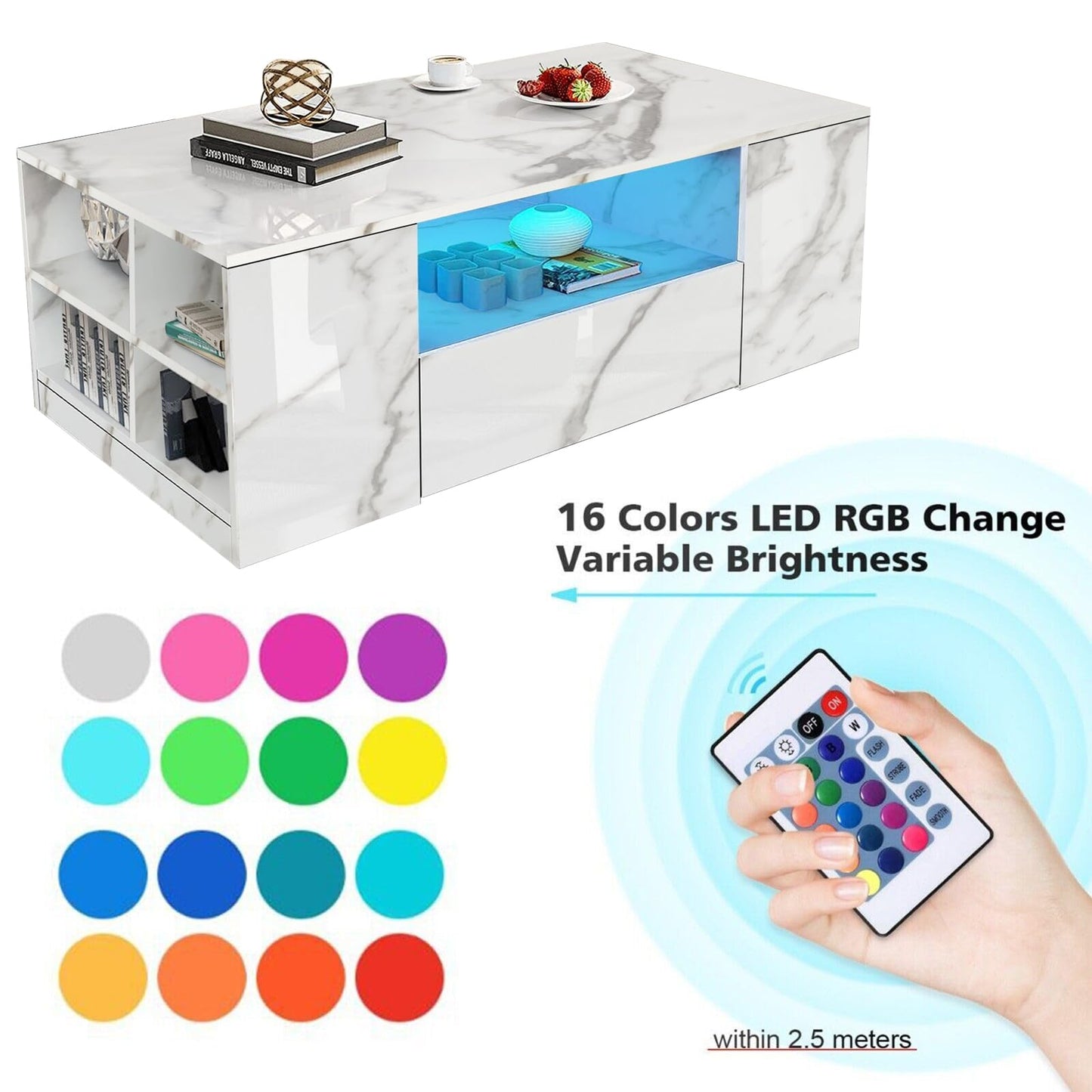 High Gloss Coffee Table, Coffee Table with Storage, Coffee Tables for Living Room with Led RGB Lights 2 Drawer Storage and Open Shelf Rectangle Centre Tea Table for Home Office Furniture, Grey