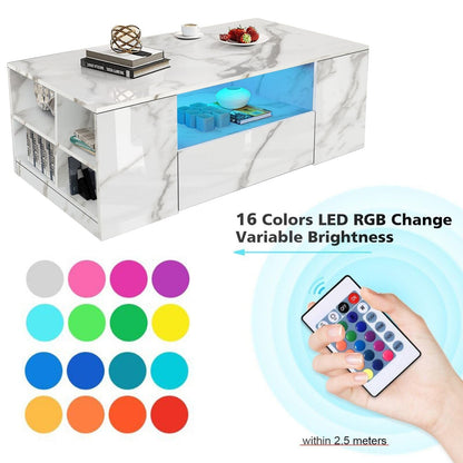 High Gloss Coffee Table, Coffee Table with Storage, Coffee Tables for Living Room with Led RGB Lights 2 Drawer Storage and Open Shelf Rectangle Centre Tea Table for Home Office Furniture, Grey