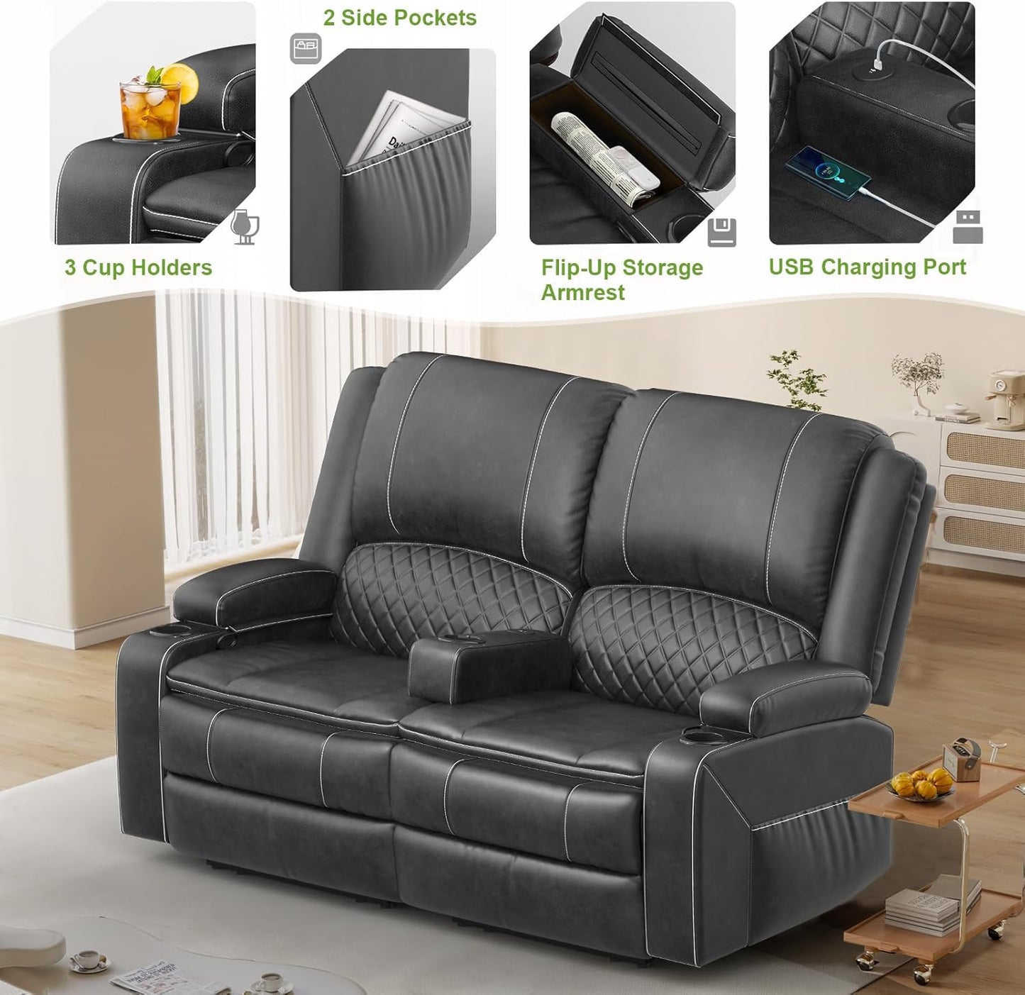 2 Seat Recliner Sofa, Reclining Loveseat with USB Charge Ports, 3 Cup Holders, 2 Side storage Pockets Recliner Love Seat Couches for Living Room, RV