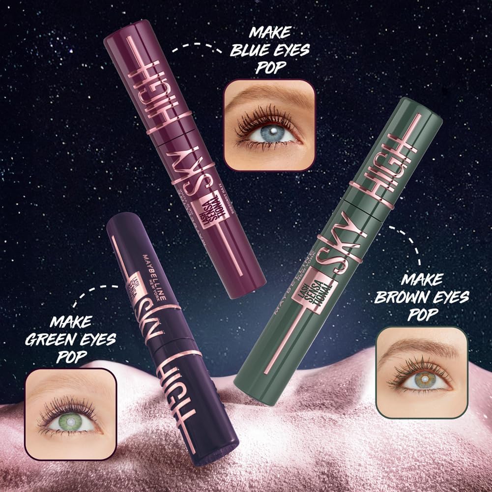 Maybelline New York Lash Sensational Sky High Mascara, Volumising & Lengthening, Washable Flake-Free Formula: Black + Plum Twilight + Space Diamond (Trio Bundle)