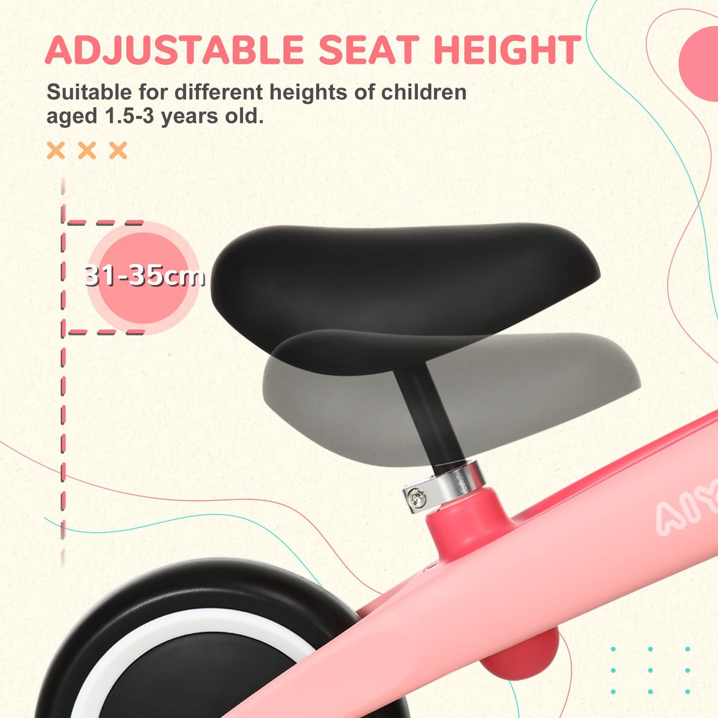 AIYAPLAY Baby Balance Bike Children Bike Without Pedals w/Adjustable Seat, for Toddlers, Ages 1.5-3 Years up to 25kg