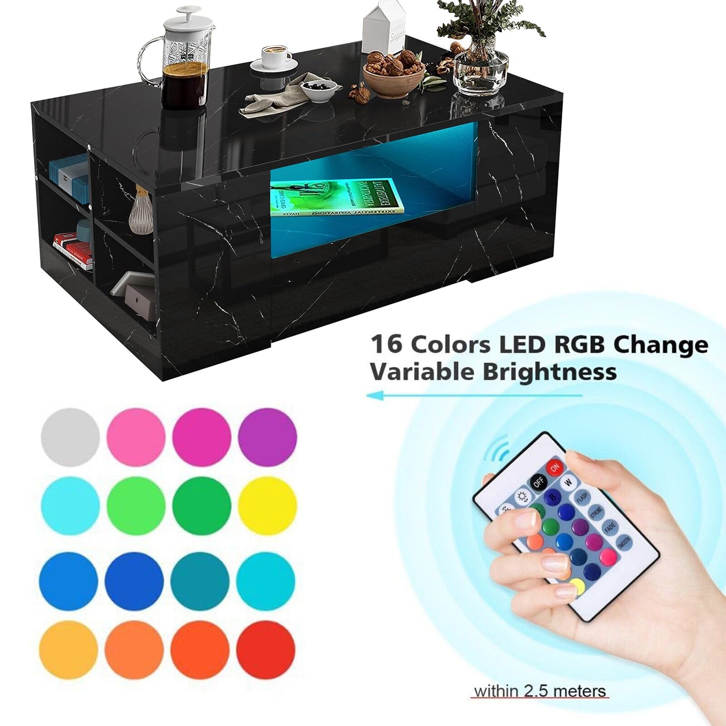 High Gloss Coffee Table, Coffee Table with Storage, Coffee Tables for Living Room with Led RGB Lights 2 Drawer Storage and Open Shelf Rectangle Centre Tea Table for Home Office Furniture, Grey