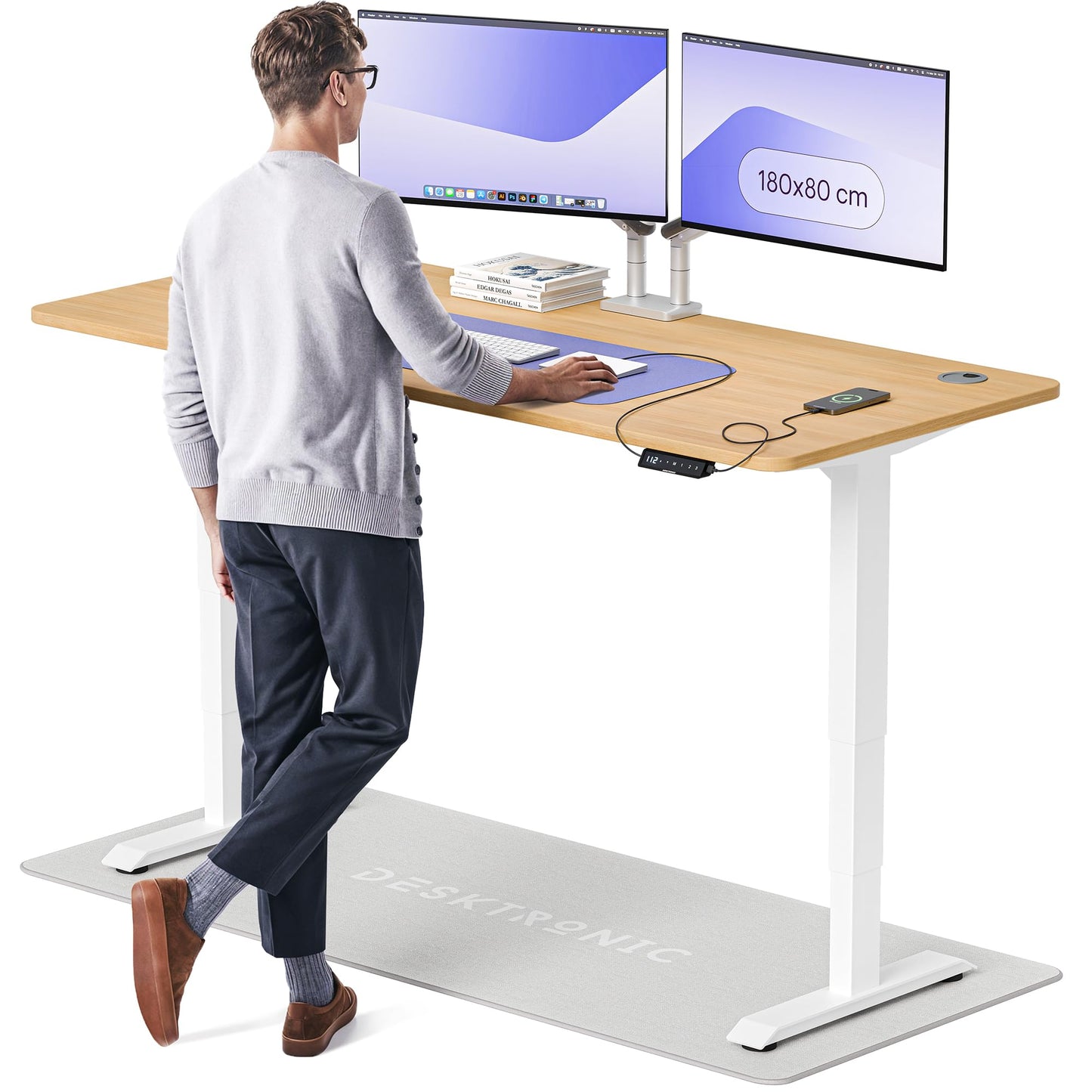 Height-Adjustable Desk 180 x 80cm - Standing Desk - Integrated USB/USB-C - 3 Memory Presets - Dual Motor Electric Touchscreen Stand Up Table - Great Gift for Smart Home Solutions