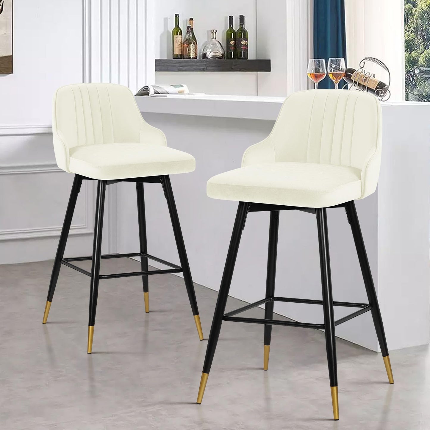 Bekrvio Upgraded Velvet Bar Stools Set of 2 – 360° Swivel Bar Chairs with Back & Footrest, Modern Kitchen Island Breakfast Stools, Support 150kg – New Version, Black