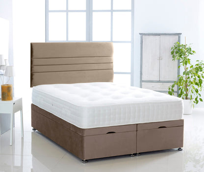 Plush Velvet Ottoman Divan Bed Foot Lift Open With 1000 Pocket Mattress And Horizontal Lined Headboard | Gas Lift Ottoman Storage Divan Bed Set (Silver, 5.0FT King Size)