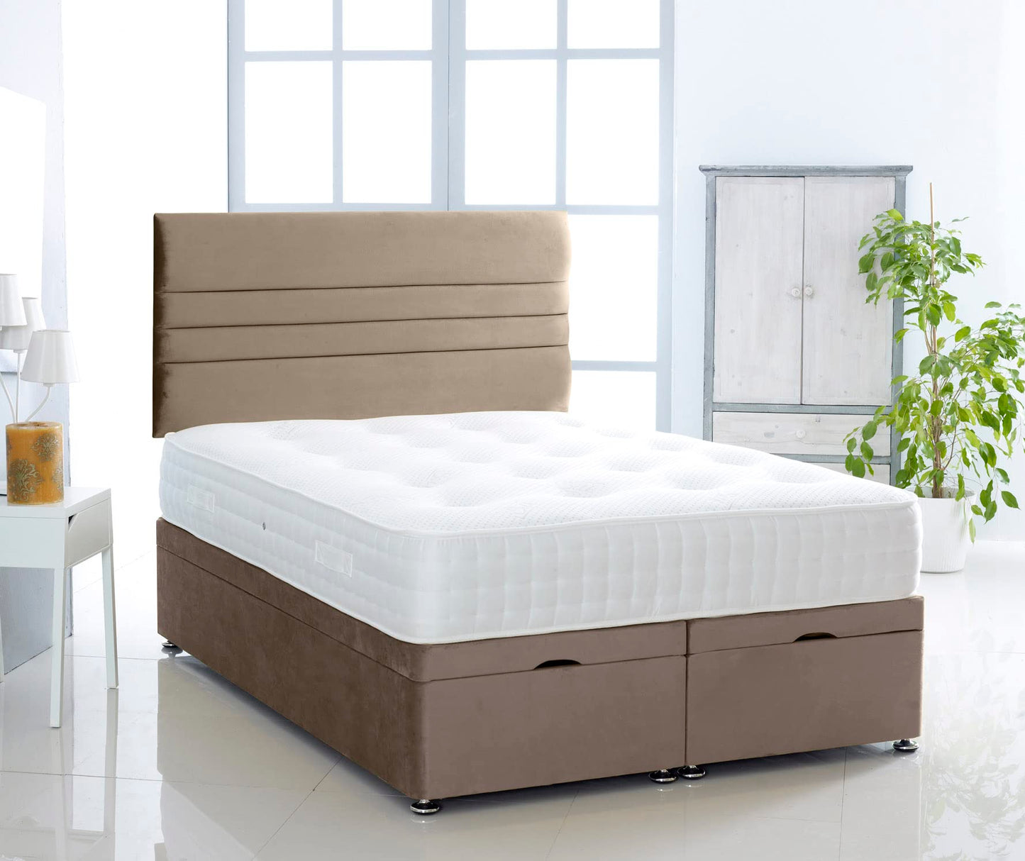 Plush Velvet Ottoman Divan Bed Foot Lift Open With 1000 Pocket Mattress And Horizontal Lined Headboard | Gas Lift Ottoman Storage Divan Bed Set (Silver, 5.0FT King Size)