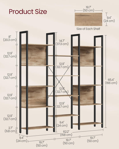 VASAGLE Bookcase, Bookshelf with 14 Shelves, Metal Frame, Shelf Unit for Living Room, Home Office, Industrial Style, 24 x 158 x 166 cm, Rustic Brown and Ink Black LLS107B01