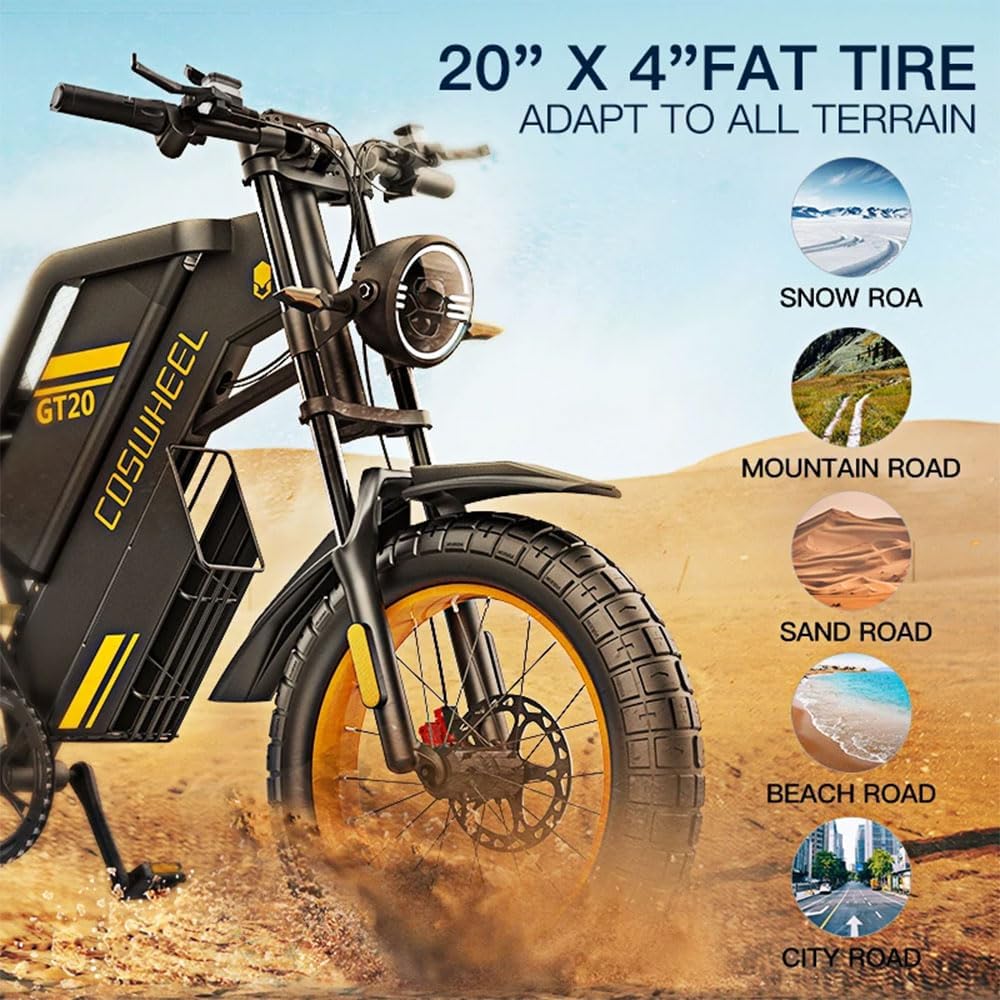 Electric Bikes GT20 For Adults,80Nm Motor Ebike with 48V 25AH 1200WH Removable Battery,Range Up to 140KM,Electric Mountain Bike with 7-Speed, 20" x4.0 Fat Tires Hydraulic Brake OFF Road Ebike