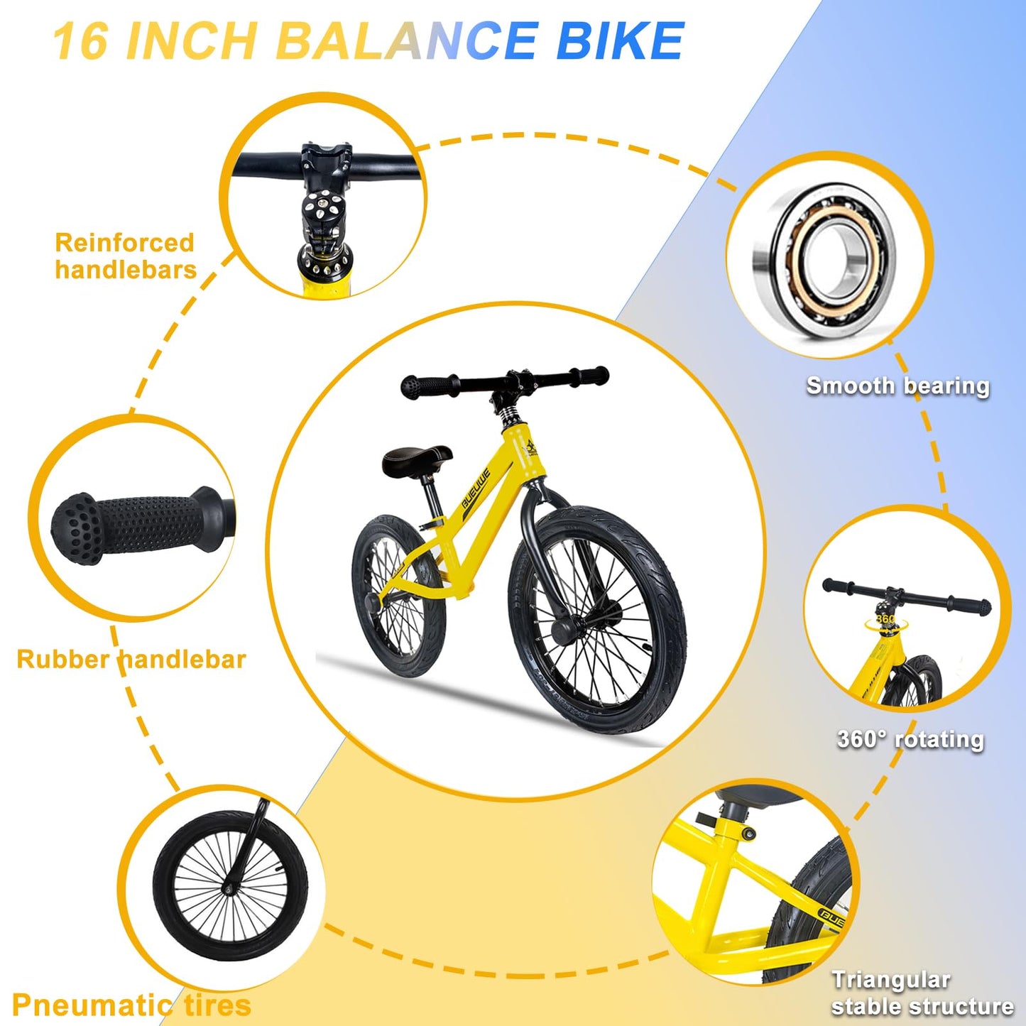 Bueuwe 16 Inch Balance Bike for Big Kids Aged 4 5 6 7 8 and 9 Years Old Boys Girls,Large No Pedal Training Bicycle, Adjustable Seat, Pneumatic Tires, Quick Assembly