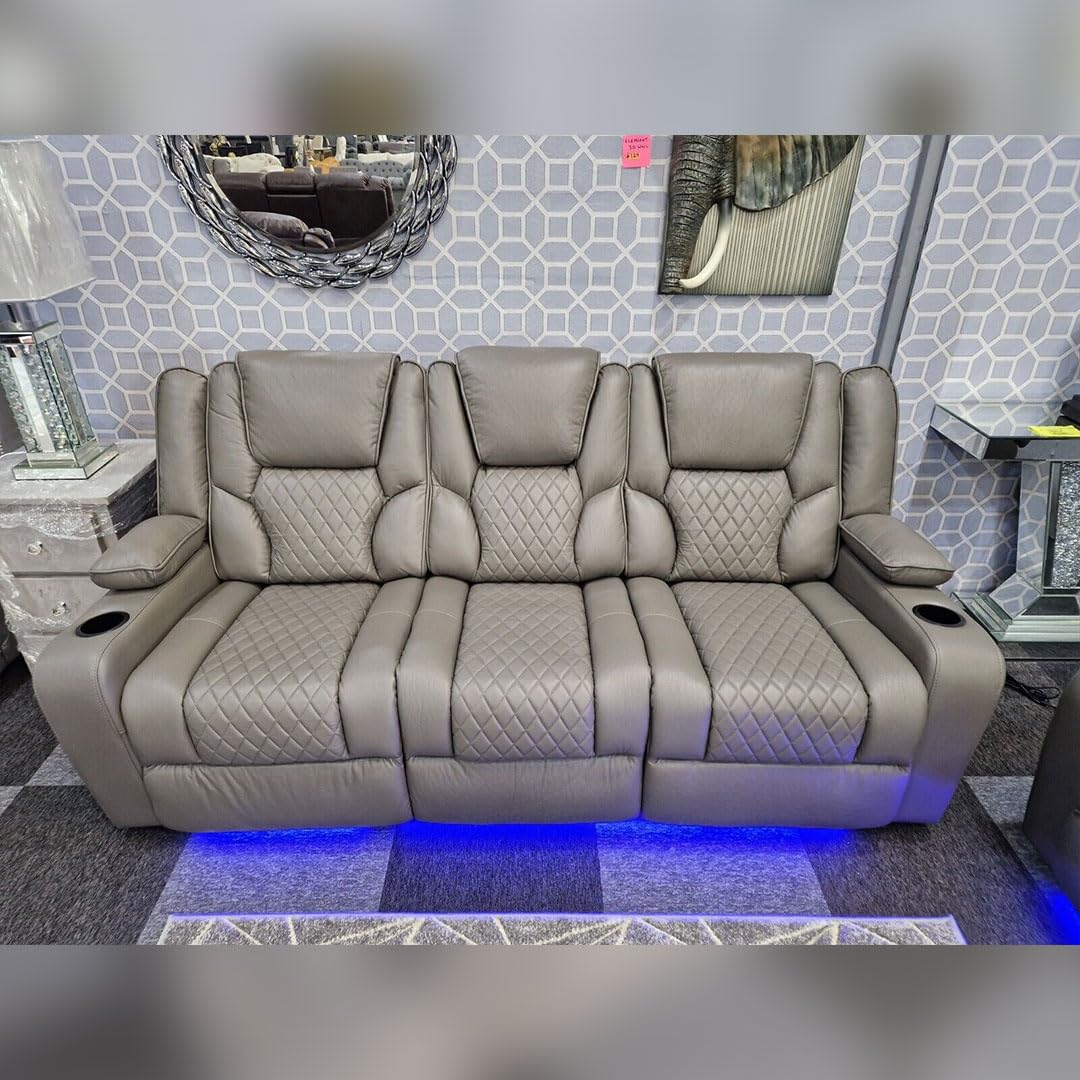 Orlando - Electric Recliners Sofa With Cupholders - 3+2 Seater Sofa Grey/LED Lights/Wireless Charging (Grey)