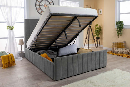 Grey Velvet Ottoman Storage Bed (Gas Lift), Sleep Factorys Ferrera Grey Naples Velvet Modern Bed - 4ft Small Double (120 x 190 cm) with Memory Sprung Mattress