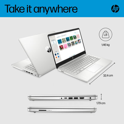HP 14" Laptop, Intel Core i3-1215U Processor, 8 GB RAM, 256 GB SSD, Intel UHD Graphics, FHD Display, Up to 8hrs battery, Win 11, Dual Speakers, Natural Silver, 14s-dq5003sa
