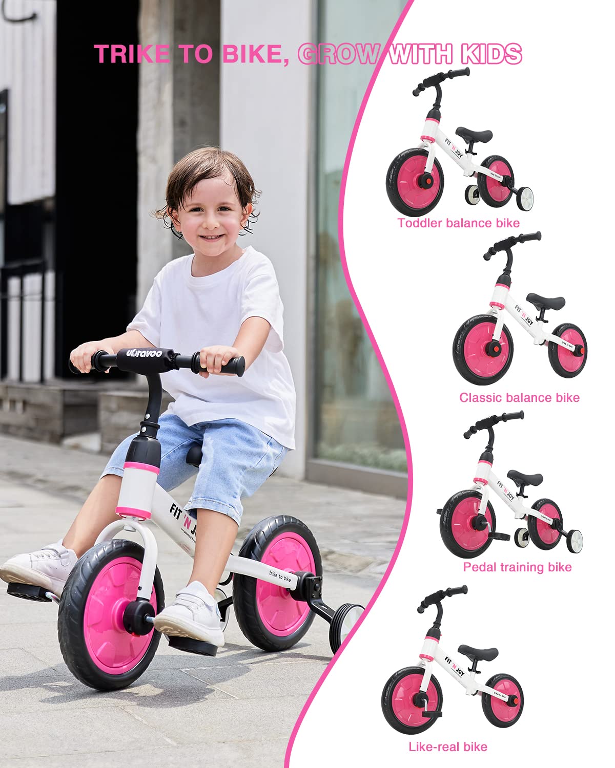 UBRAVOO Fit 'n Joy Beginner Toddler Training Bicycle, 4-in-1 Kids Balance Bike with Pedals & Training Wheels Options, Trike to Bike Riding Toys for Boys Girls 2-5