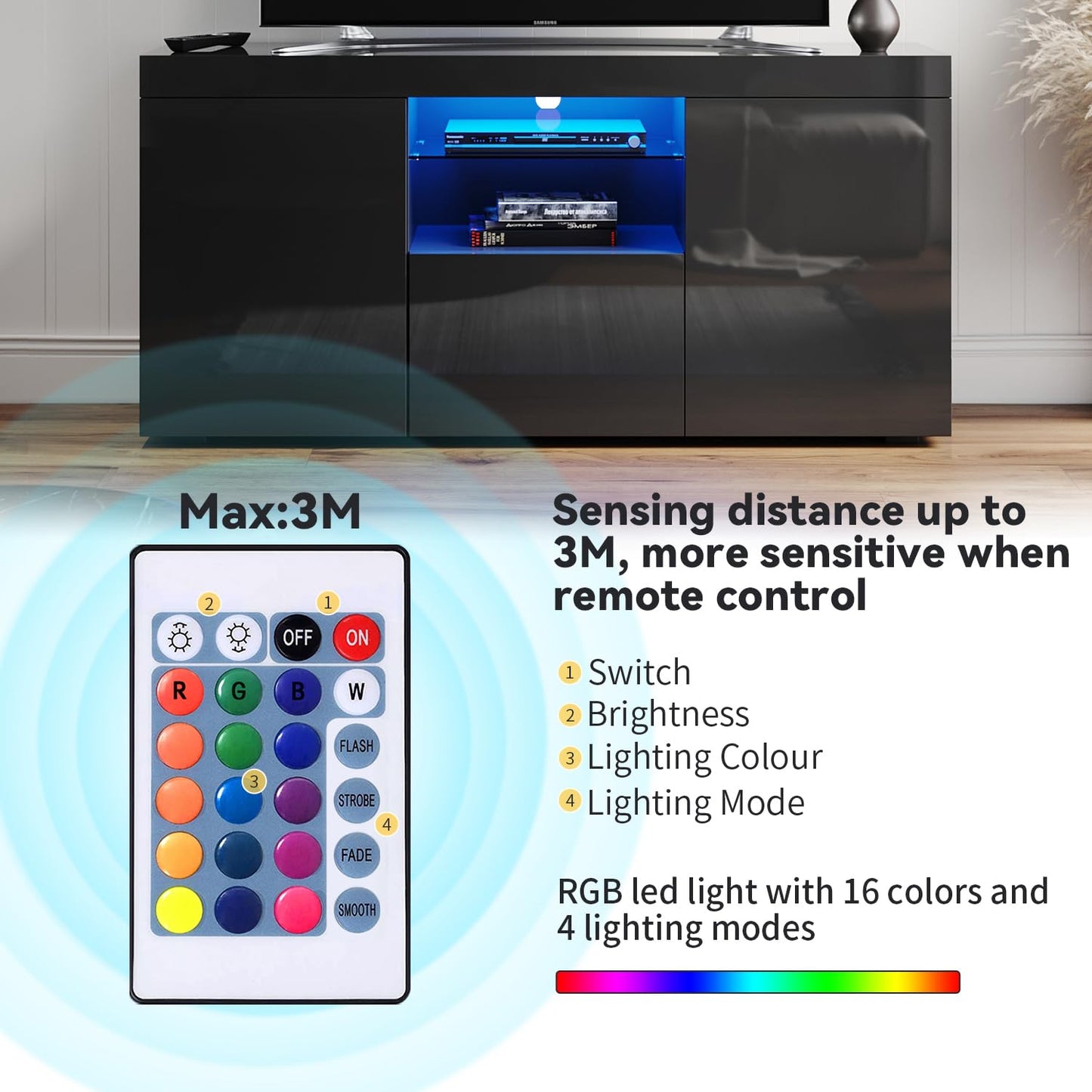 ELEGANT 1200mm LED TV Cabinet Modern White Gloss TV Stand with Ambient Lights for Living Room and Bedroom with Storage Furniture for 32 40 43 50 inch 4k TV