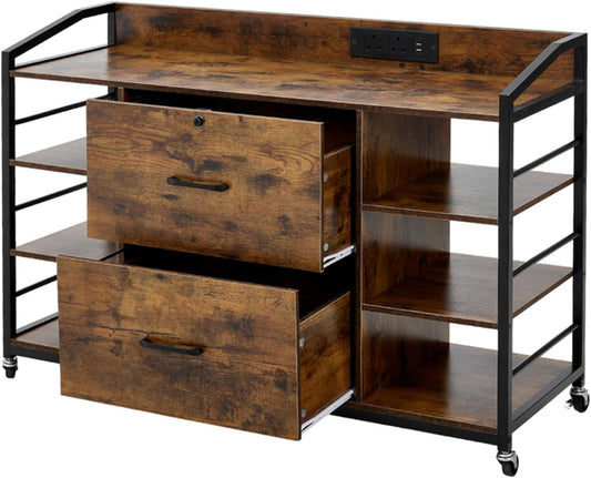 Mobile Filing Cabinet with 2 Drawers, Wood Rolling File Cabinet with Lock& Power Strip&6 Storage Shelves, Metal Document Storage Cabinet with Wheels for Home Office Furniture, Rustic Brown