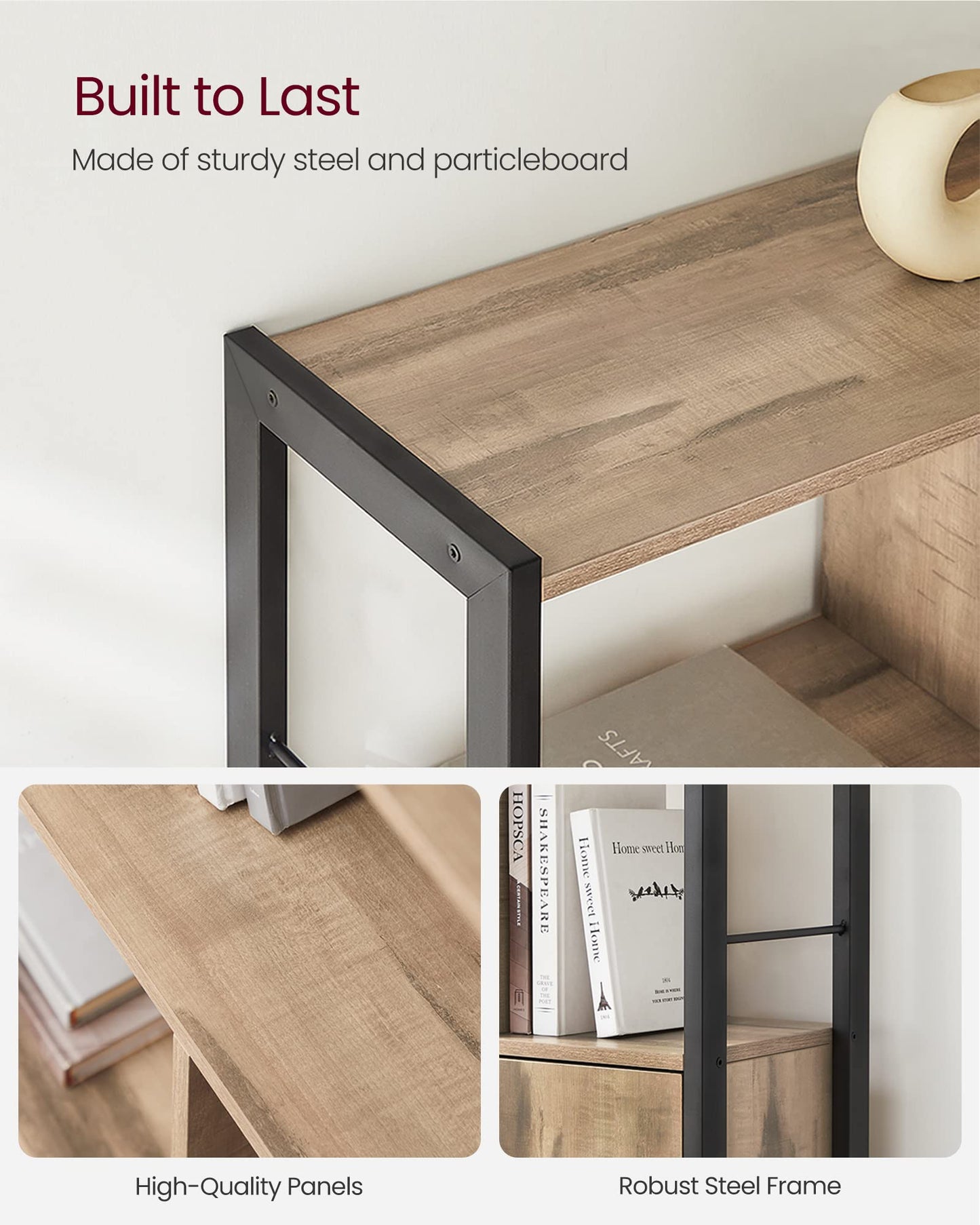 VASAGLE Bookshelf, Storage Shelf, Large Bookcase with Doors, 4 Shelves, Stable Steel Structure, Industrial Style, for Living Room, Office, Rustic Brown and Ink Black LBC022B01