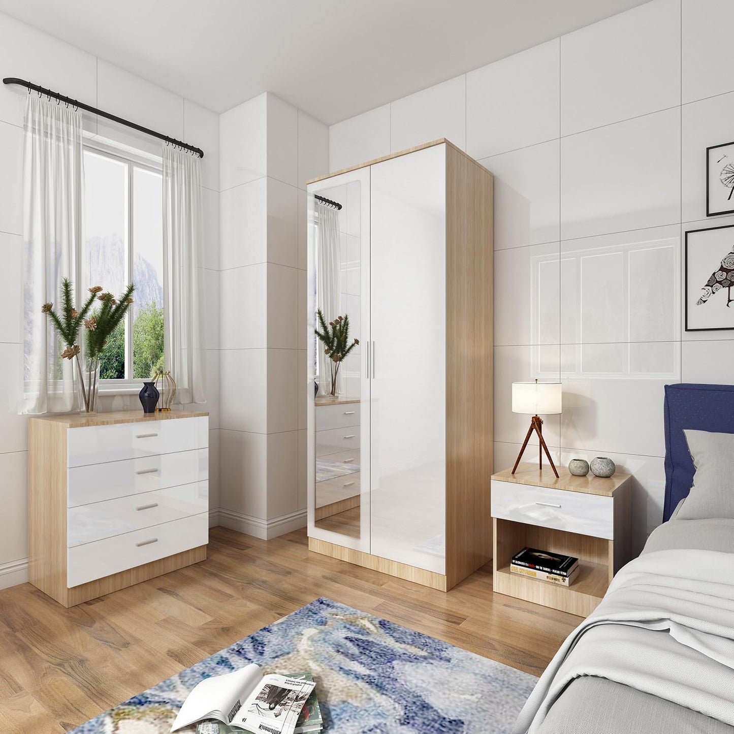 ELEGANT 3 Pieces Bedroom Furniture Sets High Gloss Soft Close Wardrobe with Mirror + 4 Storage Drawer Chest of Drawers Bedside Cabinet, Black and Set
