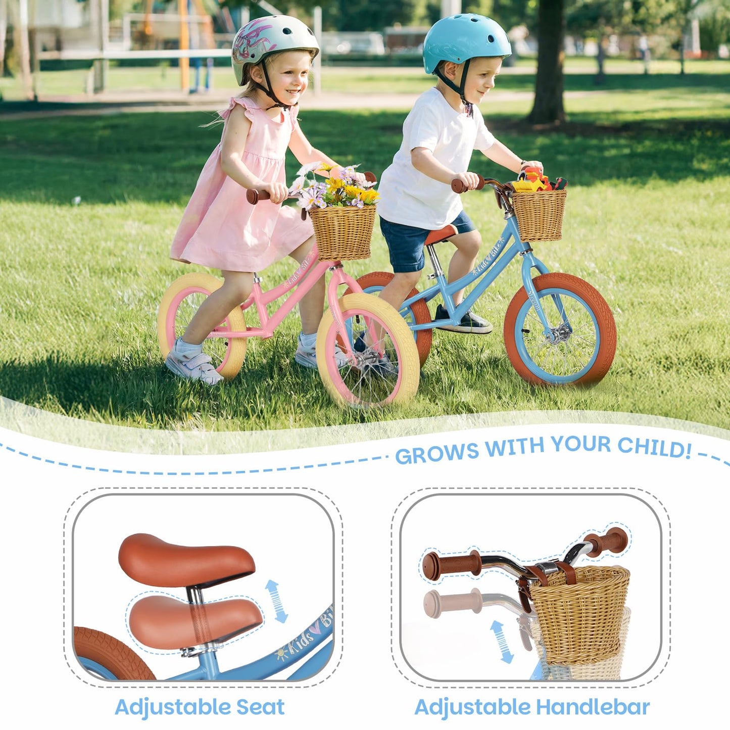 H.yeed 14 Inch Kids Balance Bike, Lightweight Height-adjustable Push Bike with Removable Basket and Rubber Air Tires, Toddler Training Bike for 3-6 Years Old Boys Girls（No Flower）