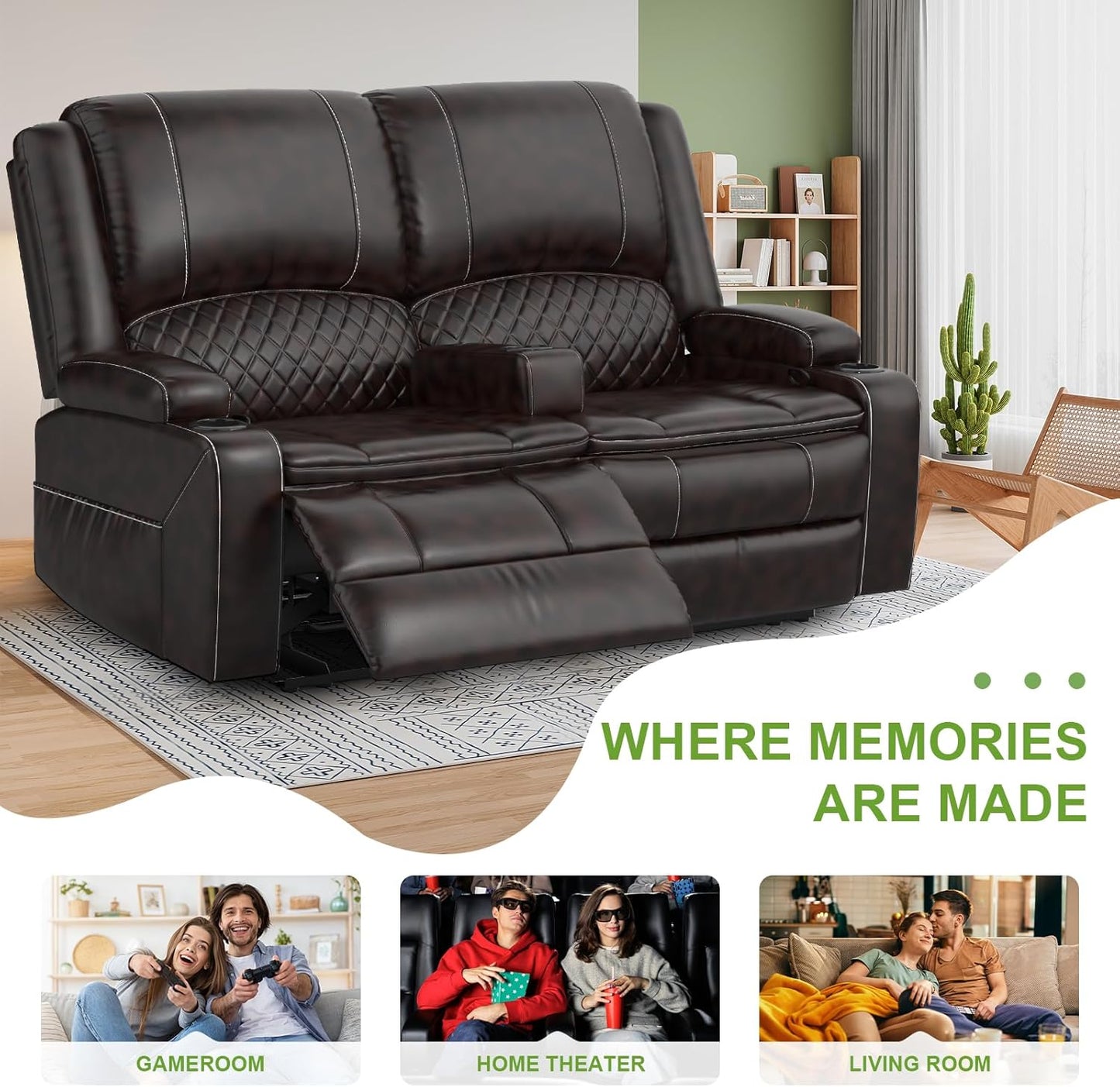 2 Seat Recliner Sofa, Reclining Loveseat with USB Charge Ports, 3 Cup Holders, 2 Side storage Pockets Recliner Love Seat Couches for Living Room, RV