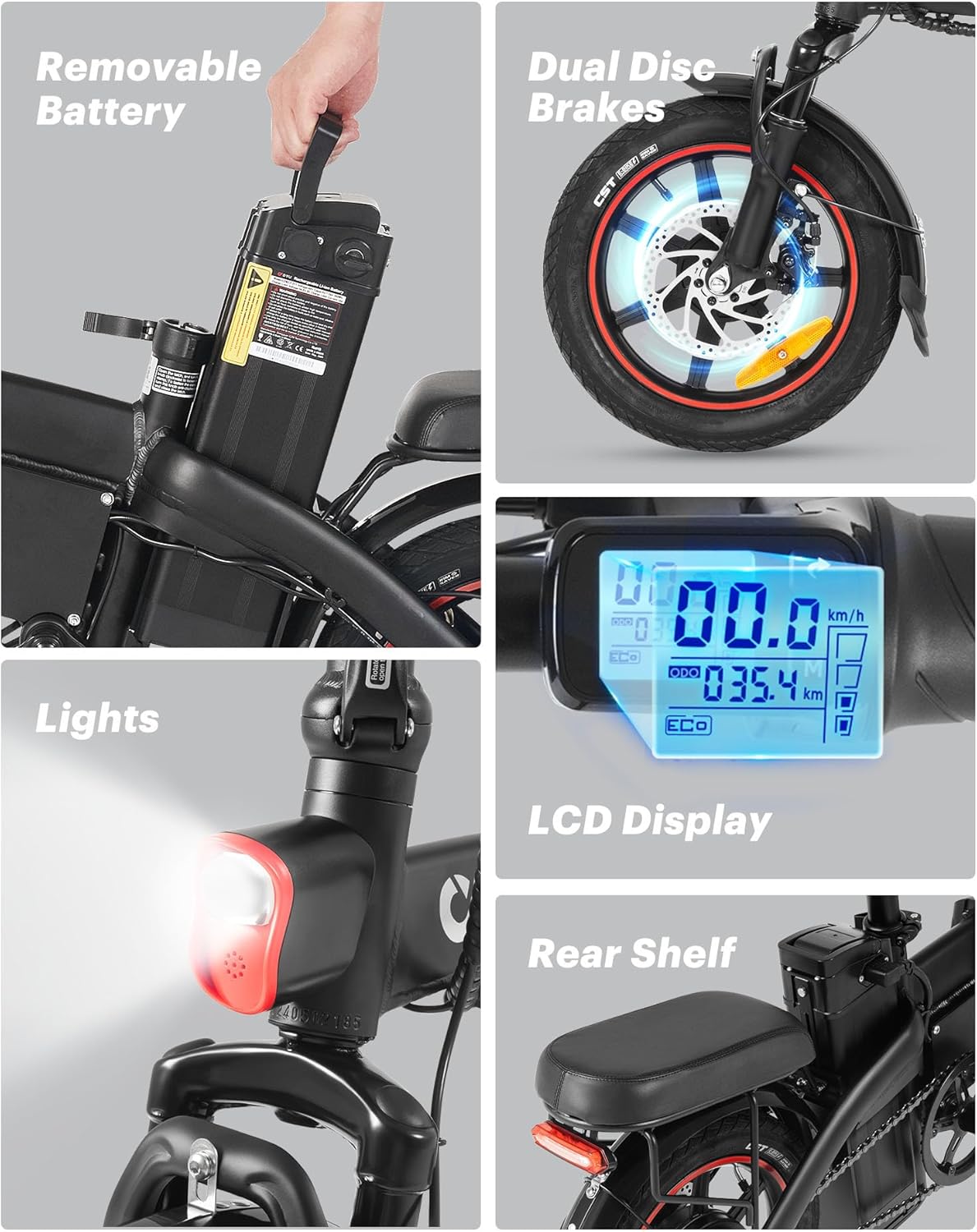 DYU A5 Electric Bike, 14" Portable Electric Bike, 48V 7.5AH Removable Battery,60KM Max Range, Folding Ebike with LCD Display, Remote Control,Shock Absorption System,Dual Disc Brakes,for Adults/Teens