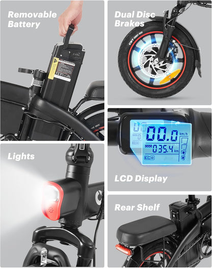 DYU A5 Electric Bike, 14" Portable Electric Bike, 48V 7.5AH Removable Battery,60KM Max Range, Folding Ebike with LCD Display, Remote Control,Shock Absorption System,Dual Disc Brakes,for Adults/Teens