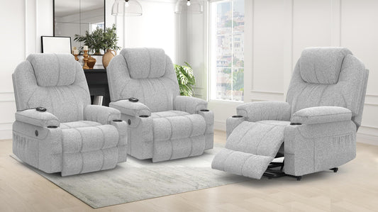 Recliner Armchair-Set of 3, Lift Chair For the Elderly, Power Recliner Chair with Massage & Heat, Extended Footrest, Type C+USB Ports, 2 Cup Holders, Dual Side Pockets Reclining Chairs