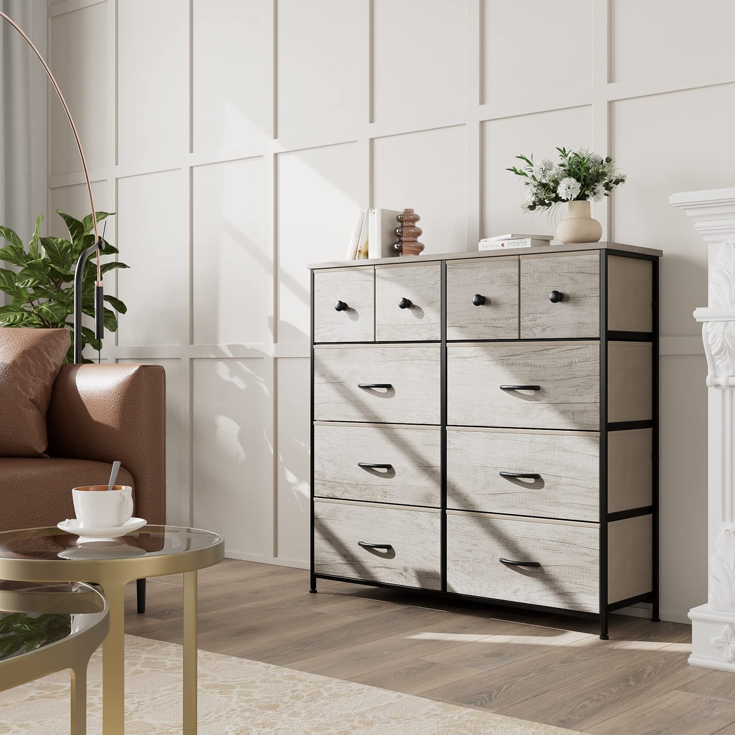 Nicehill Dresser for Bedroom with 10 Drawers, Storage Drawer Organizer, Tall Chest of Drawers for Closet, Clothes, Kids, Baby, Living Room, Wood Board, Fabric Drawers(Black Wood Grain)