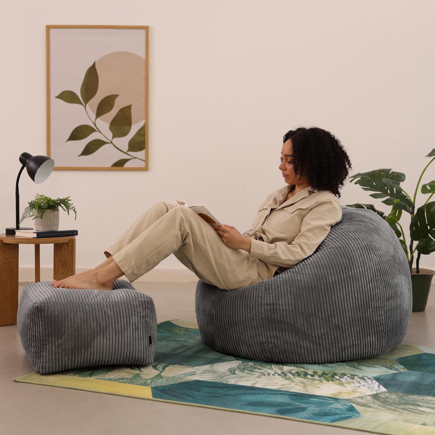 icon Kingston Cord Bean Bag, Beige, Large Adult Bean Bag Chair with Filling Included, Comfy Chair, Living Room Furniture, Bedroom Furniture