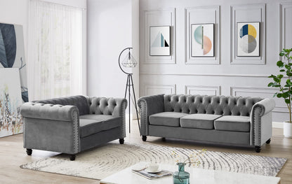Chesterfield Sofa Velvet Upholstered Couch in 2 Seater or 3 Seater Fabric Sofa in Grey, Blue, Black, Green, Gold (2 Seater, Black)