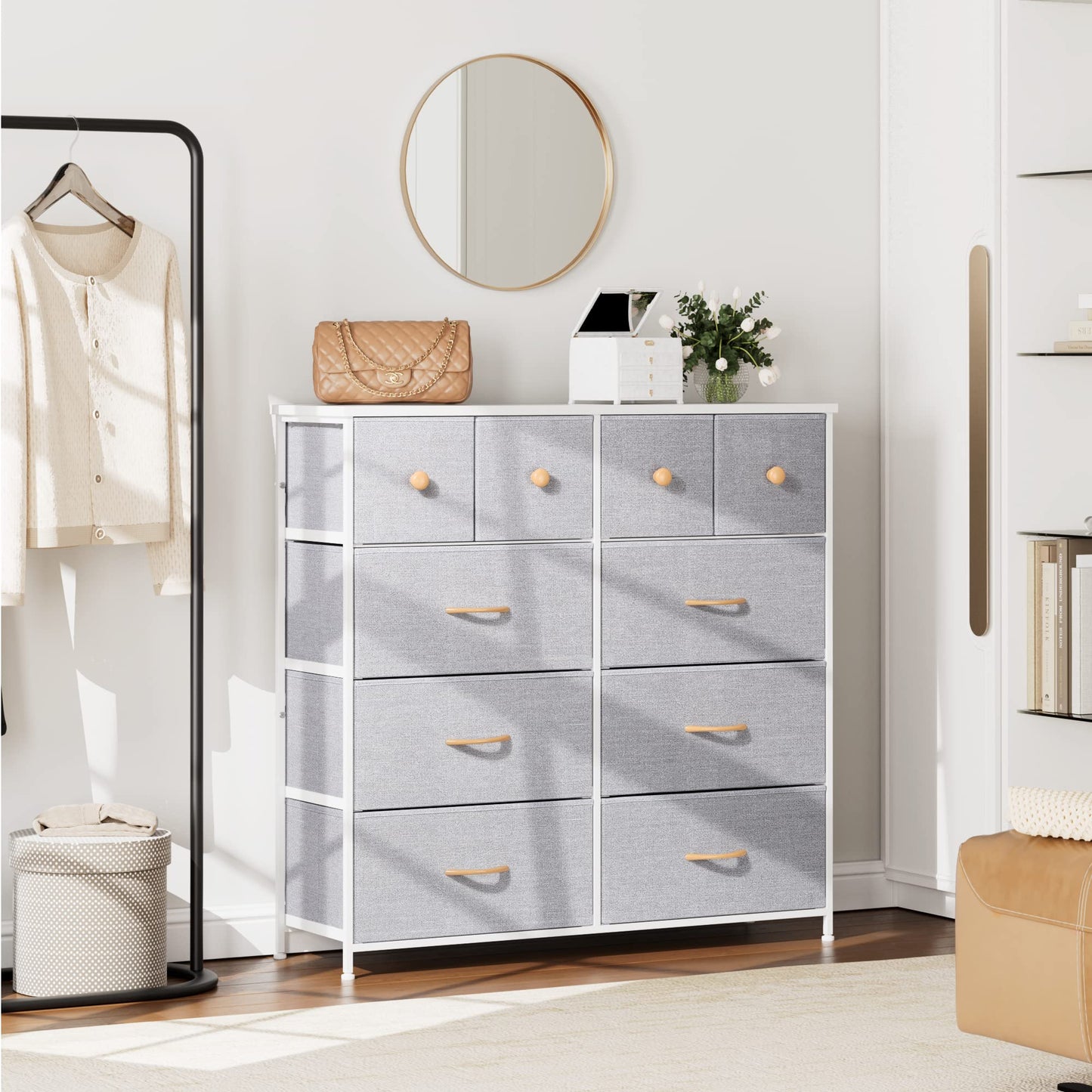 Nicehill Dresser for Bedroom with 10 Drawers, Storage Drawer Organizer, Tall Chest of Drawers for Closet, Clothes, Kids, Baby, Living Room, Wood Board, Fabric Drawers(Black Wood Grain)