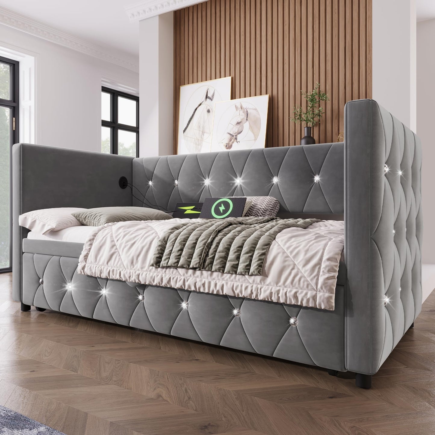 Jtyca Daybed, Trundle Bed, Upholstered Single Bed with Pull Out Bed, Sofa Bed with USB-Type C-Charging Sations, Pull Out Trundle for Living Room and Bedroom, 90 x 190 cm, Velvet, Grey, (No Mattress)