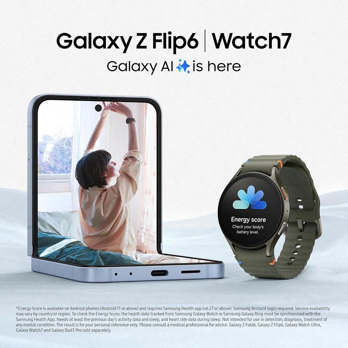Samsung Galaxy Z Flip6 AI Smartphone, Unlocked Android Smartphone, 512GB Storage, Silver Shadow and Watch7, Smart Watch, 40mm, Green (UK Version)