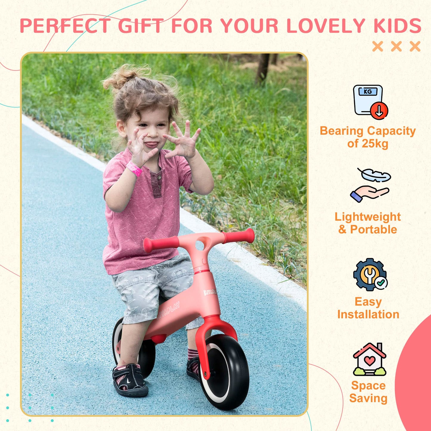 AIYAPLAY Baby Balance Bike Children Bike Without Pedals w/Adjustable Seat, for Toddlers, Ages 1.5-3 Years up to 25kg