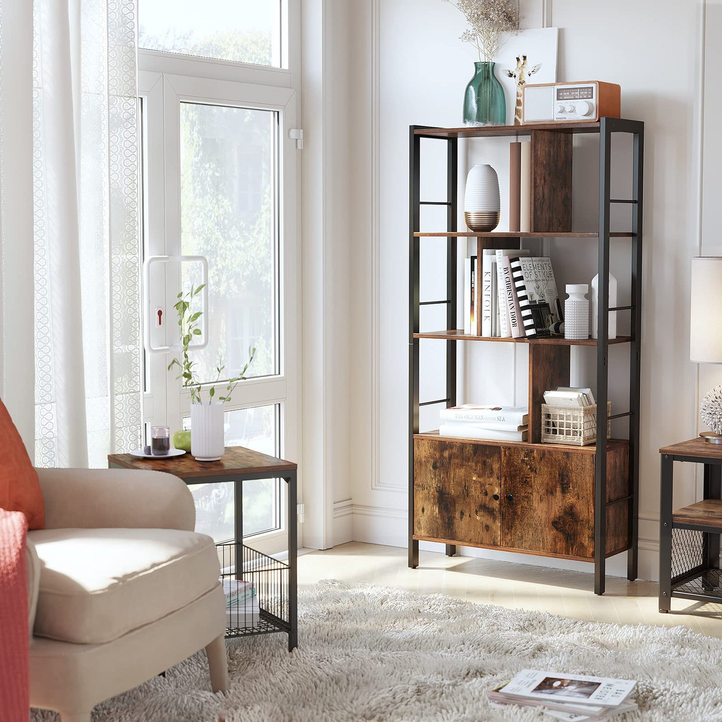 VASAGLE Bookshelf, Storage Shelf, Large Bookcase with Doors, 4 Shelves, Stable Steel Structure, Industrial Style, for Living Room, Office, Rustic Brown and Ink Black LBC022B01