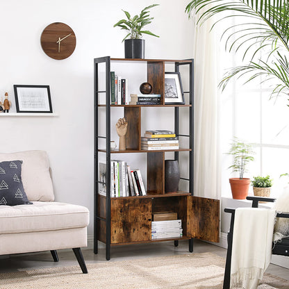 VASAGLE Bookshelf, Storage Shelf, Large Bookcase with Doors, 4 Shelves, Stable Steel Structure, Industrial Style, for Living Room, Office, Rustic Brown and Ink Black LBC022B01
