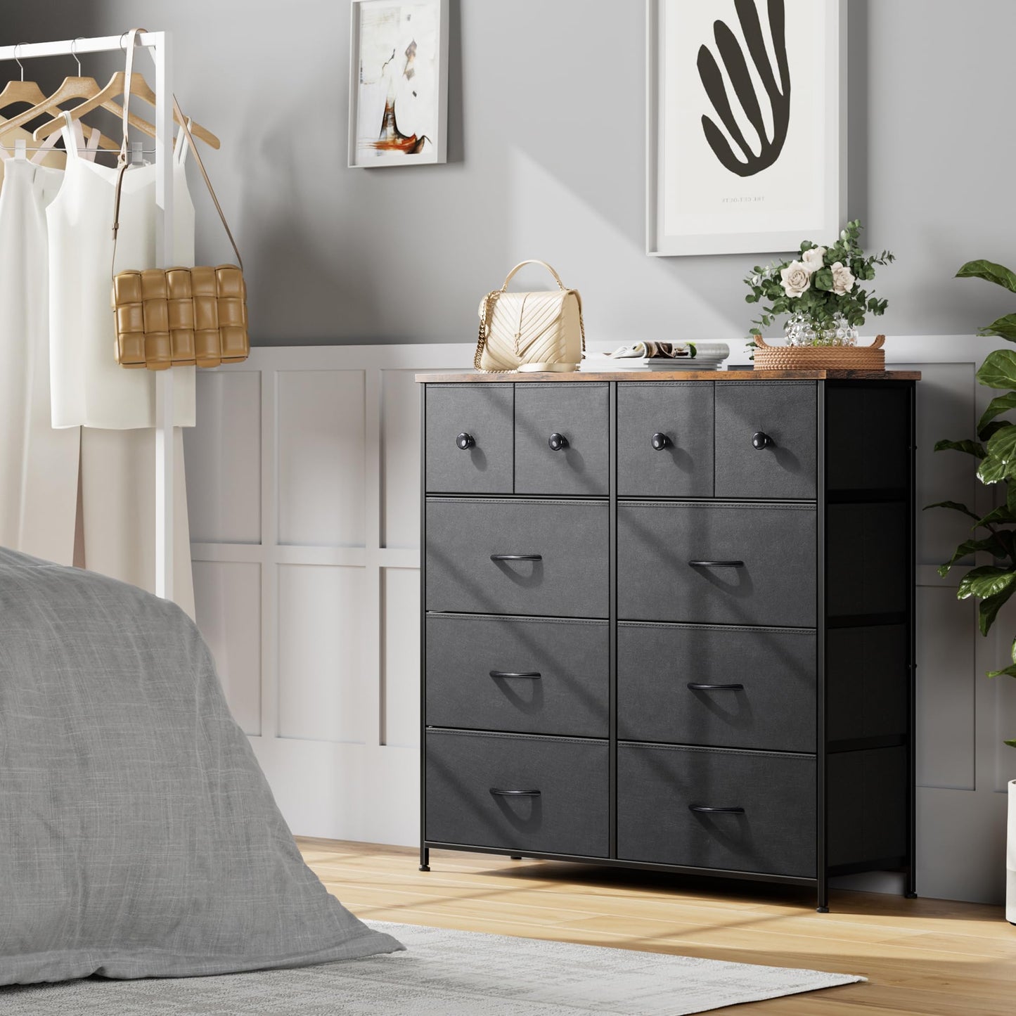 Nicehill Dresser for Bedroom with 10 Drawers, Storage Drawer Organizer, Tall Chest of Drawers for Closet, Clothes, Kids, Baby, Living Room, Wood Board, Fabric Drawers(Black Wood Grain)