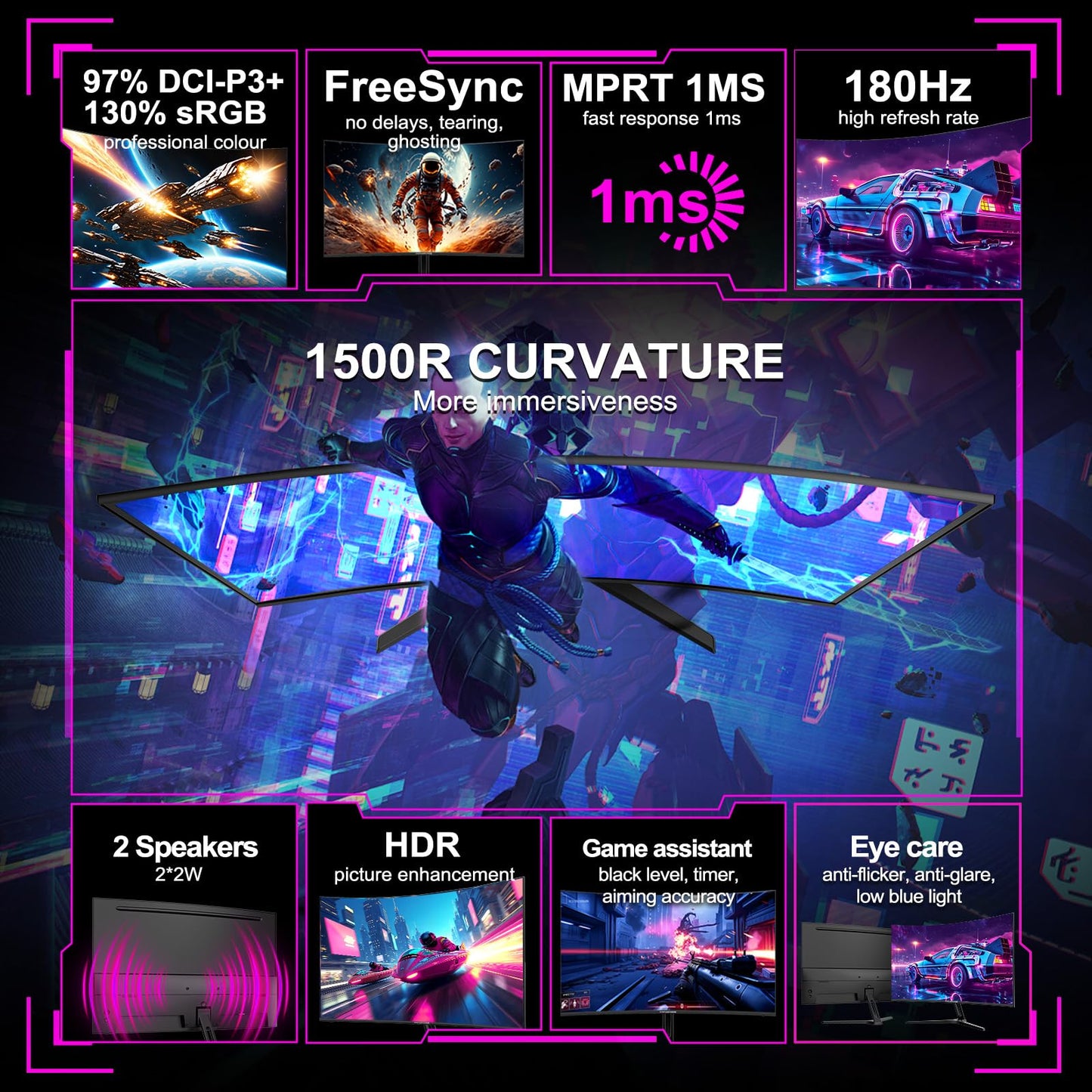 24 inch Curved Gaming Monitor 180Hz, 1ms, 130% sRGB, With Speakers, HDR, FreeSync, 300cd/m², VA, FHD 1080P, Frameless, HDMI1.4 DP1.2 Ports (MFG24C1 HDMI included)