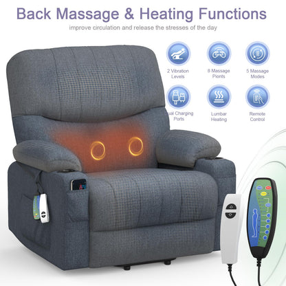 BareTay Recliner Armchair Electric Lift Chair with Massage & Heat, Extended Footrest, Oversized Riser Reclining Chair Lounge Sofa with Type C+USB, 2 Drink Holders, 4 Side Pockets