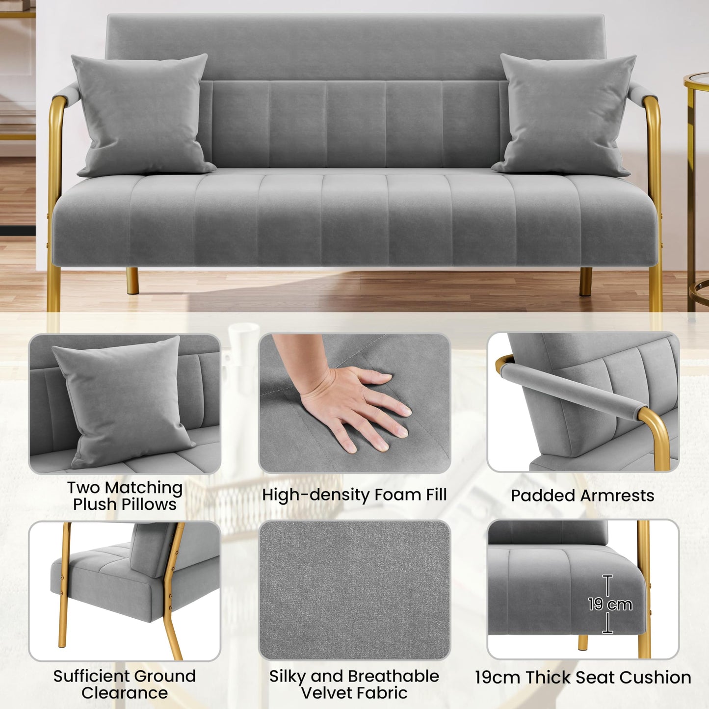 Yaheetech 2 Seater Modern Sofa Velvet Fabric Loveseat with Gold-tone Metal Arms and Legs for Bedroom, Home Office, Studio, Living Room Furniture Pink