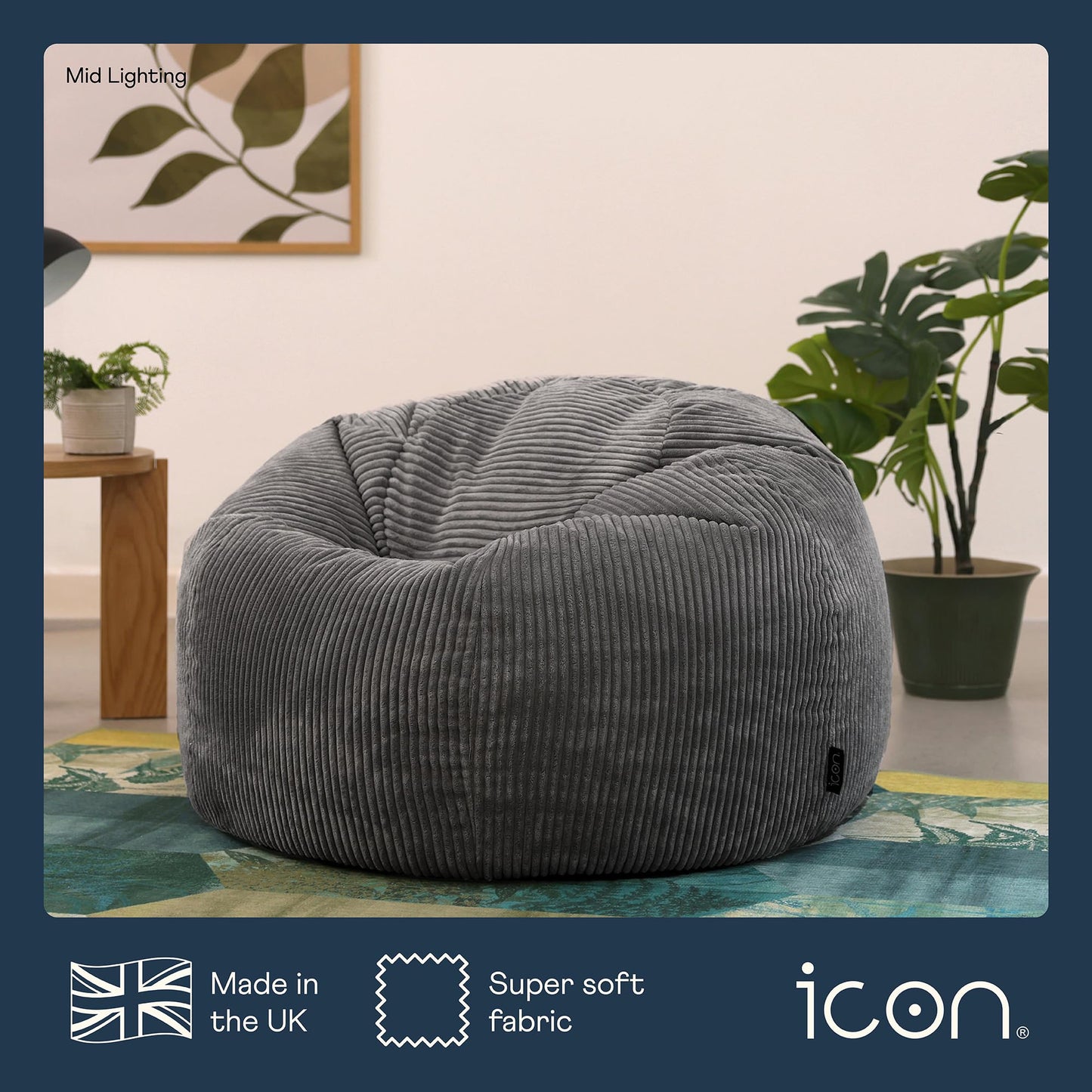 icon Kingston Cord Bean Bag, Beige, Large Adult Bean Bag Chair with Filling Included, Comfy Chair, Living Room Furniture, Bedroom Furniture