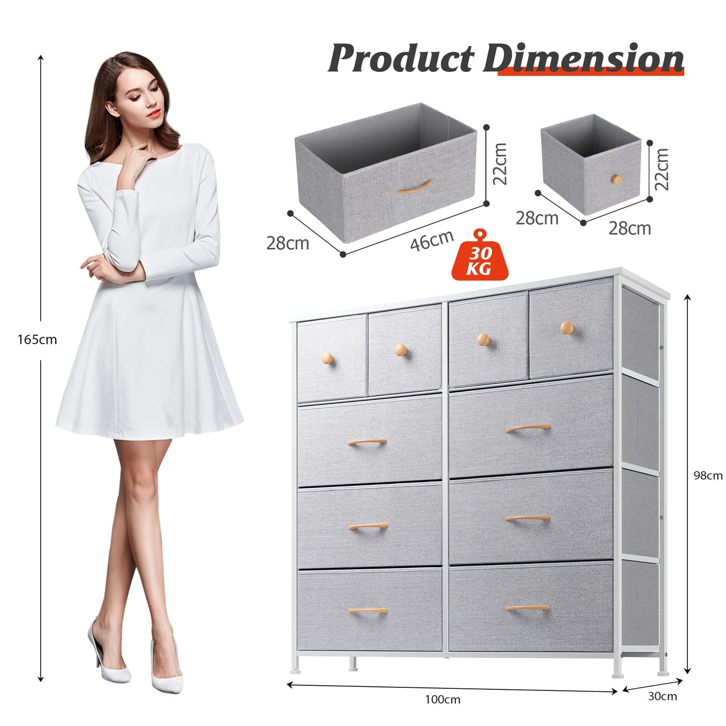 Nicehill Dresser for Bedroom with 10 Drawers, Storage Drawer Organizer, Tall Chest of Drawers for Closet, Clothes, Kids, Baby, Living Room, Wood Board, Fabric Drawers(Black Wood Grain)