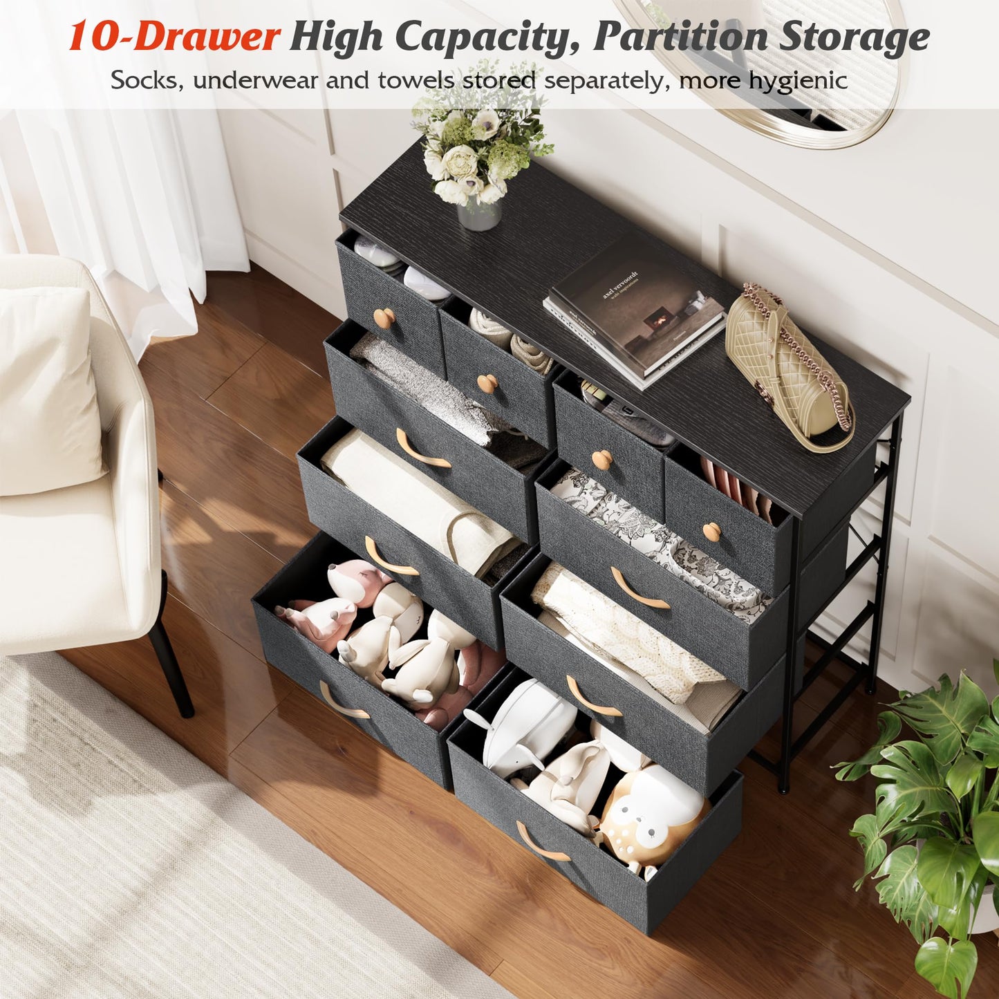 Nicehill Dresser for Bedroom with 10 Drawers, Storage Drawer Organizer, Tall Chest of Drawers for Closet, Clothes, Kids, Baby, Living Room, Wood Board, Fabric Drawers(Black Wood Grain)